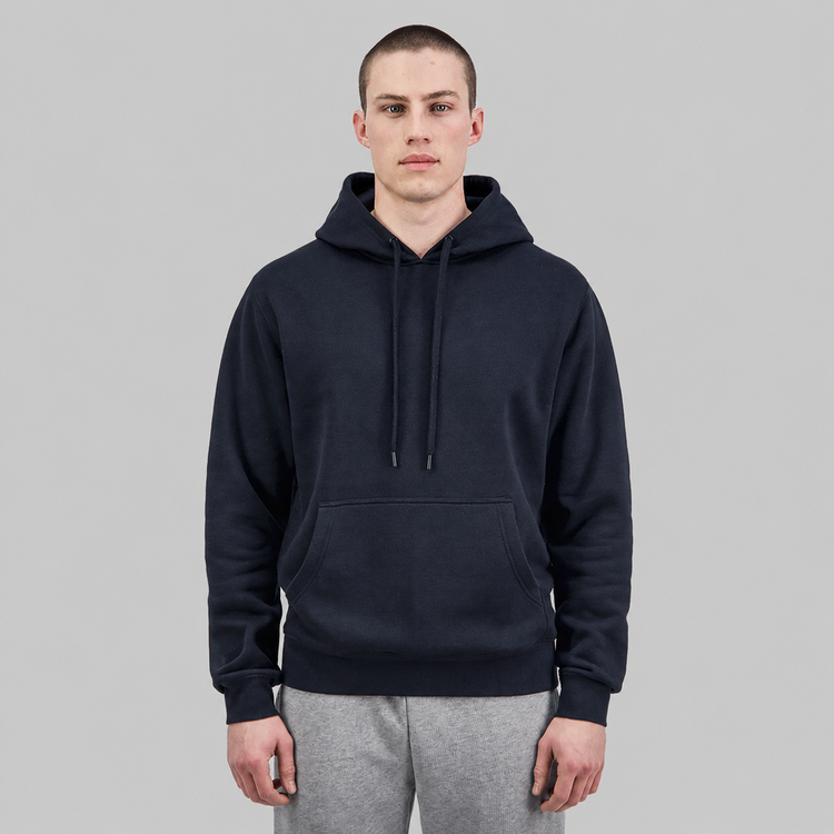 Studio product image of the Navy Mens Everyday Hoodie, featuring a relaxed fit, soft 350 GSM brushed fleece construction, adjustable hood with drawcord, ribbed cuffs and hem, and a classic front kangaroo pocket.