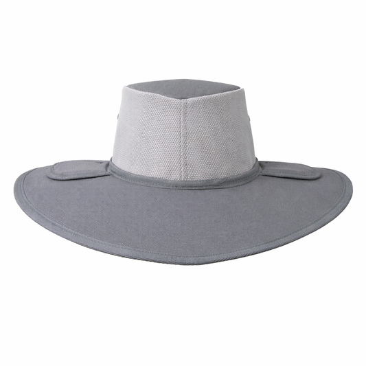 Silver grey wide brim earmuff hat with mesh ventilation and 11cm brim