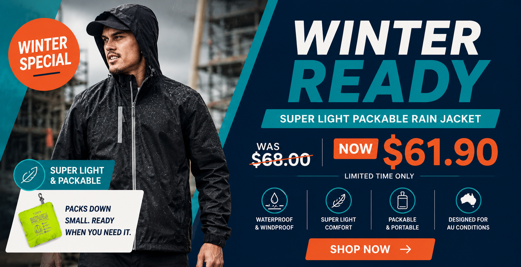 Winter Ready Super Light Packable Rain Jacket on sale at SunSafe Australia, lightweight waterproof workwear jacket for wet weather conditions