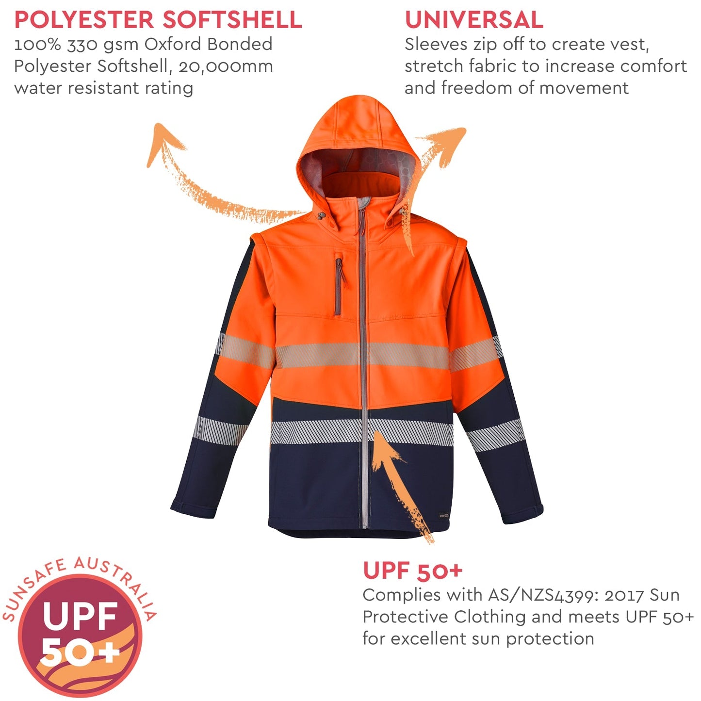 Unisex 2 - in - 1 Softshell Waterproof Work Jacket – Stretch Fabric with Segmented Tape - SunSafe Australia