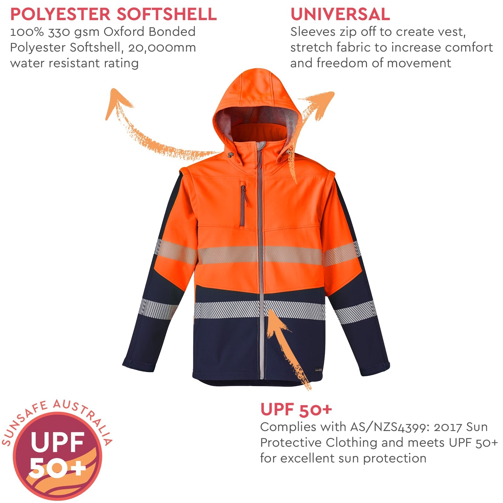 Unisex 2 - in - 1 Softshell Waterproof Work Jacket – Stretch Fabric with Segmented Tape - SunSafe Australia