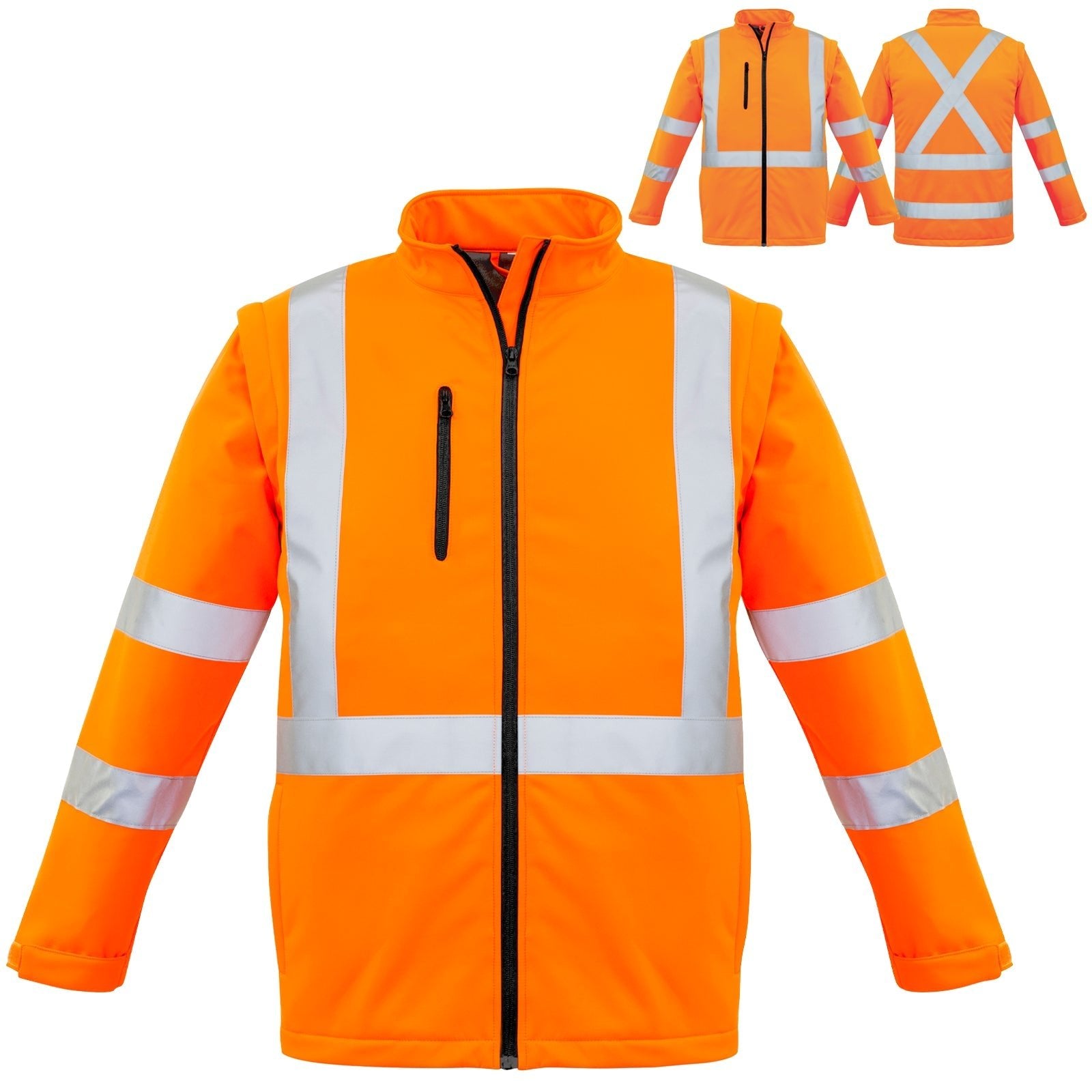 Unisex Hi - Vis 2 - in - 1 Softshell Jacket – X Back, Water Resistant, Zip - Off Sleeves - SunSafe Australia