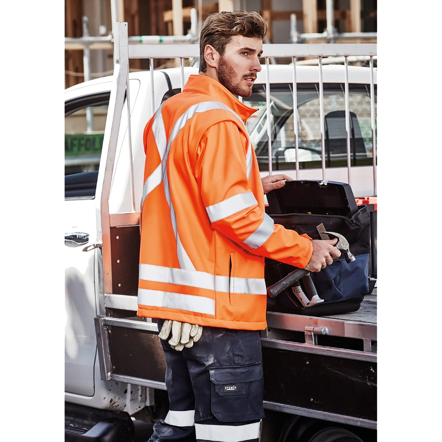 Unisex Hi - Vis 2 - in - 1 Softshell Jacket – X Back, Water Resistant, Zip - Off Sleeves - SunSafe Australia