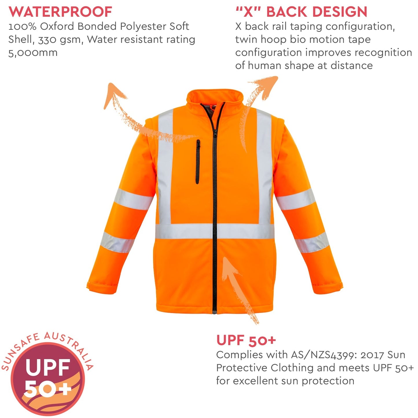 Unisex Hi - Vis 2 - in - 1 Softshell Jacket – X Back, Water Resistant, Zip - Off Sleeves - SunSafe Australia