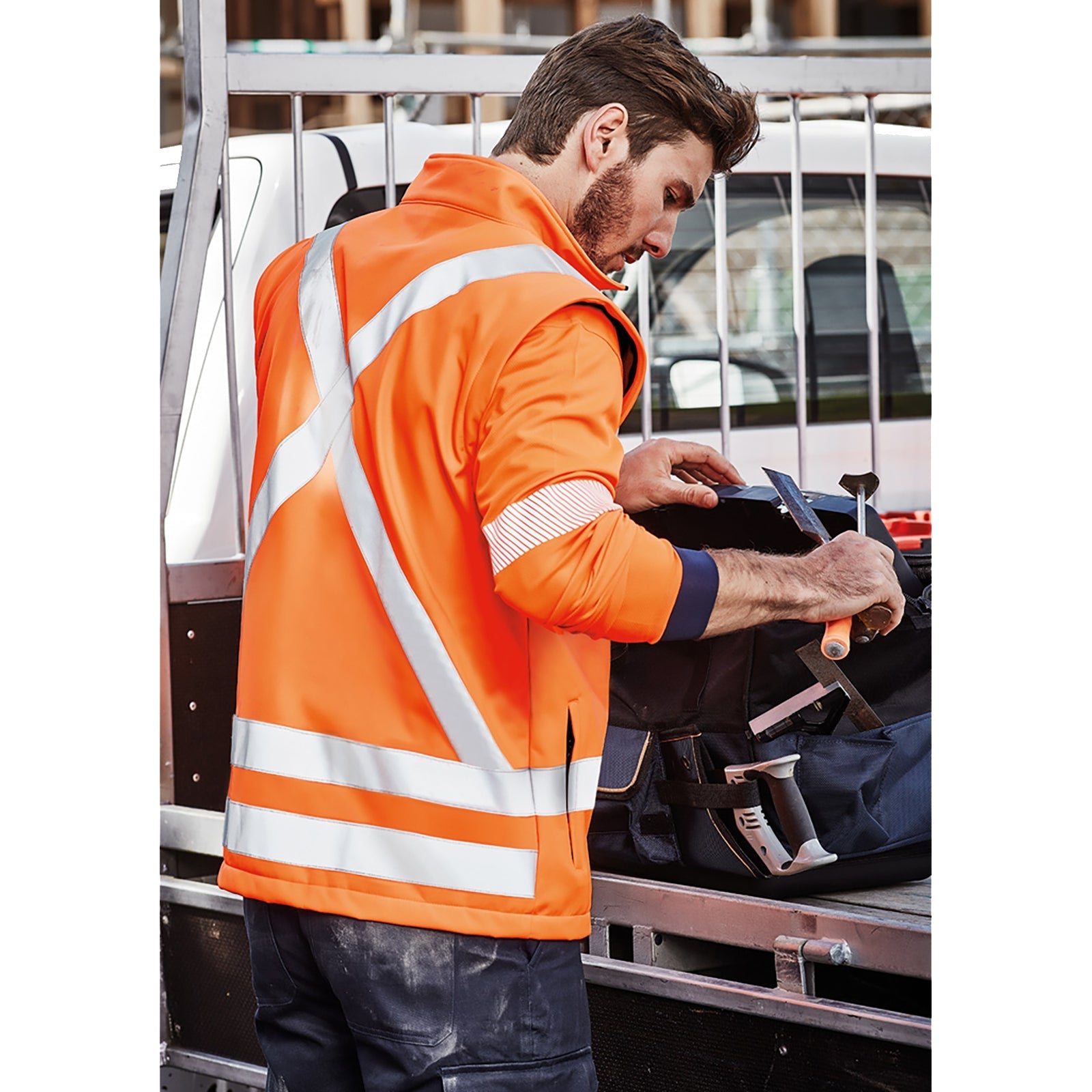 Unisex Hi - Vis 2 - in - 1 Softshell Jacket – X Back, Water Resistant, Zip - Off Sleeves - SunSafe Australia