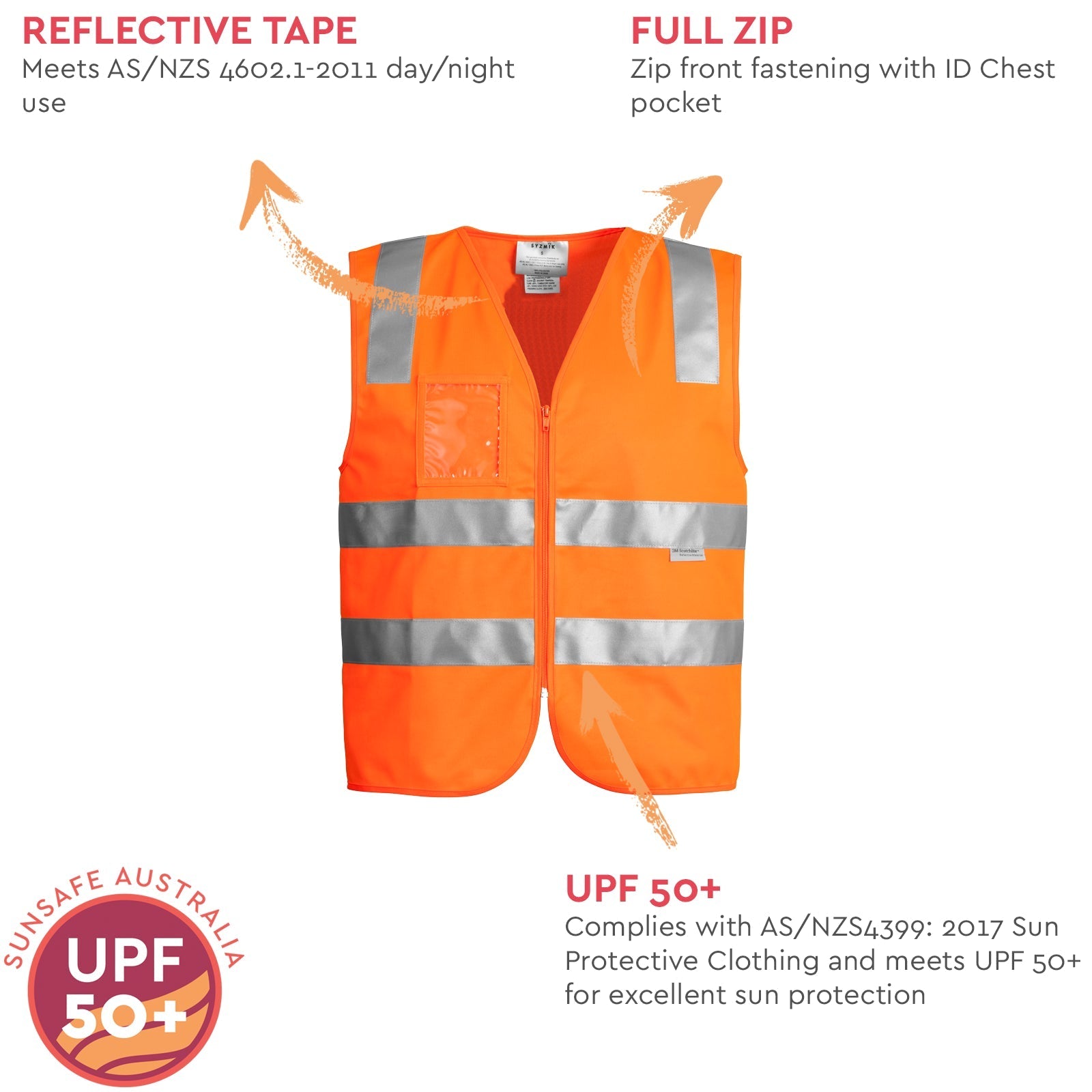 Unisex High Visibility Full Zip Vest ZV998 - SunSafe Australia