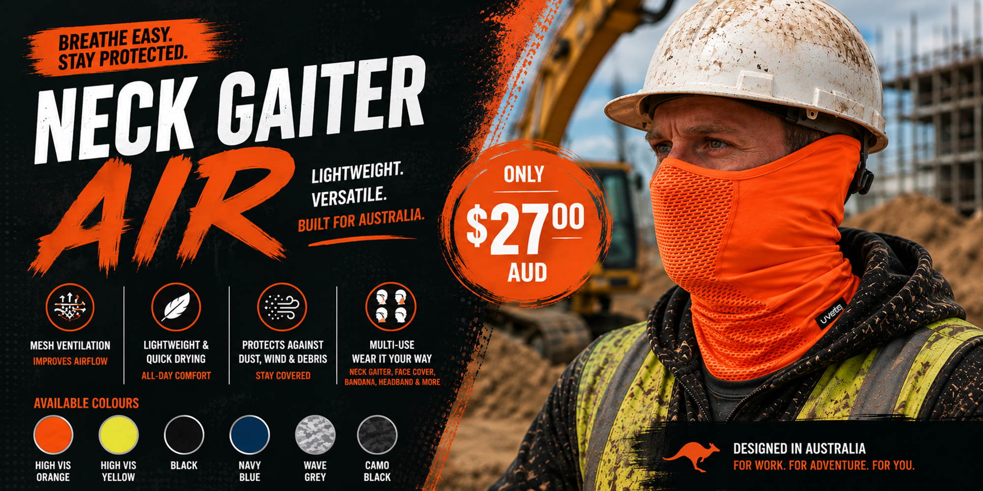 Worker wearing UVeto Neck Gaiter Air in high-vis orange with breathable mesh panel on a construction site