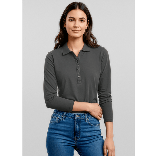 Women's Crew Long Sleeve Polo P400LL in Black UPF 50+