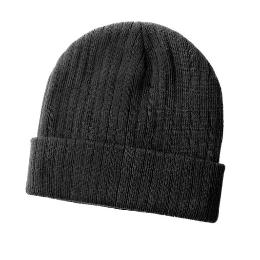 wool blend cable knit beanie in black and navy with rollback design for winter